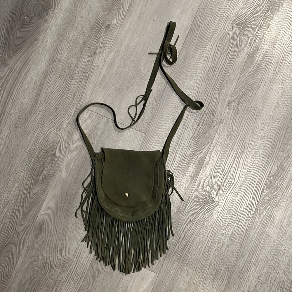Olive green suede fringe handbag